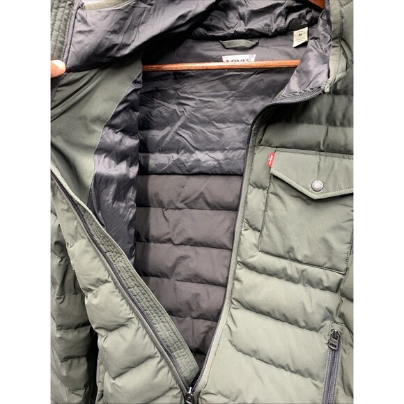 Levi's Mens Hooded 2 Chest Pocket Quilted Puffer Jacket Army Green Size Medium - Picture 9 of 16
